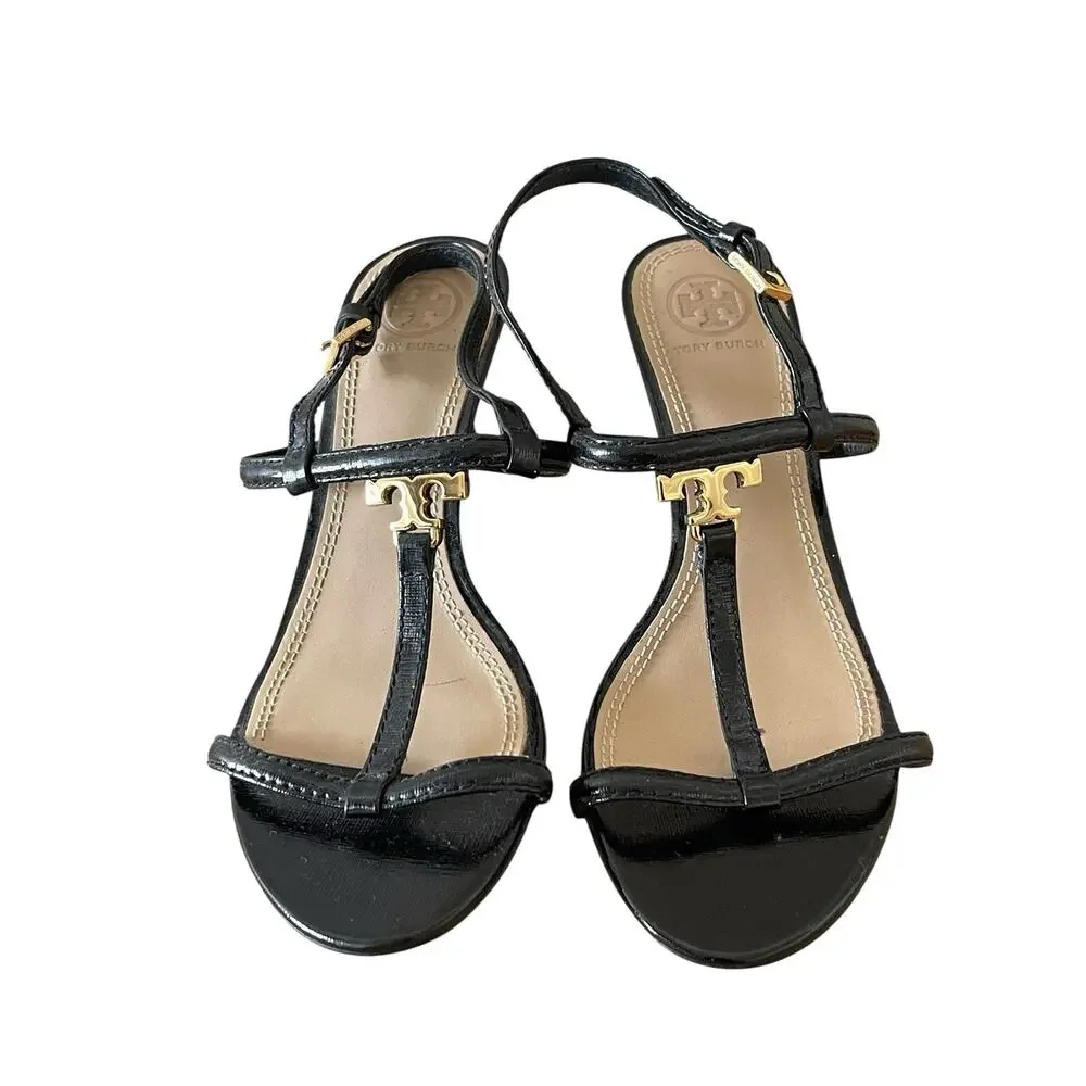 Tory Burch T Strap Logo Patent Leather Black  Heels Sandal 8M